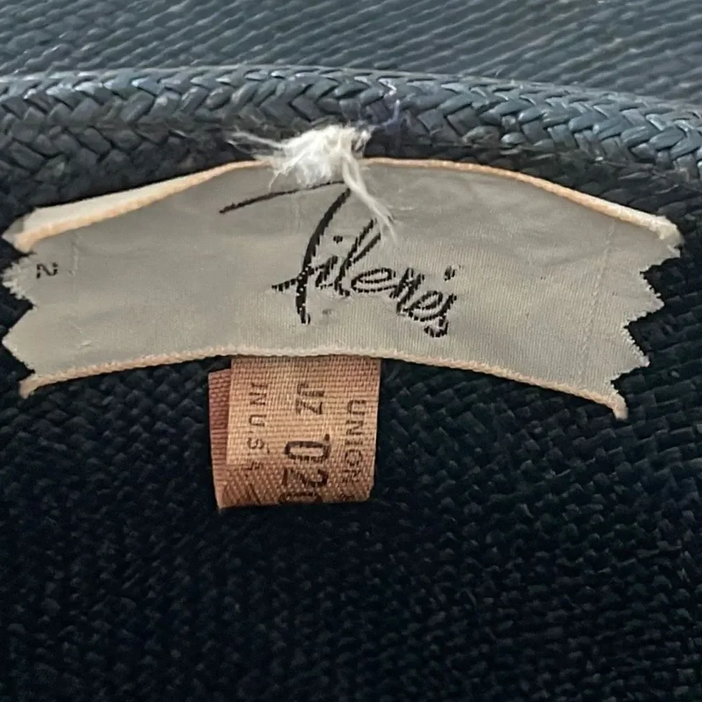 Vintage‎ Filene’s Navy Blue Sun Straw Hat with Satin Paisley Ribbon